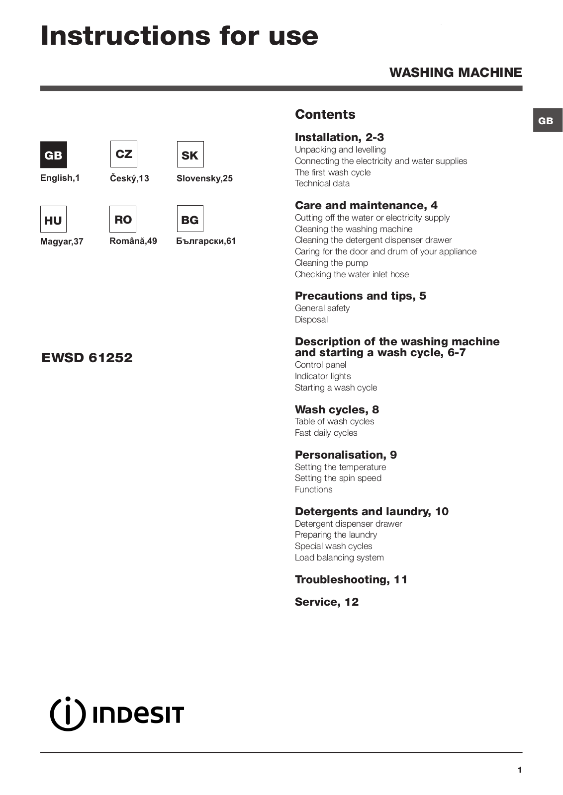 INDESIT EWSD 61252 W EU User Manual