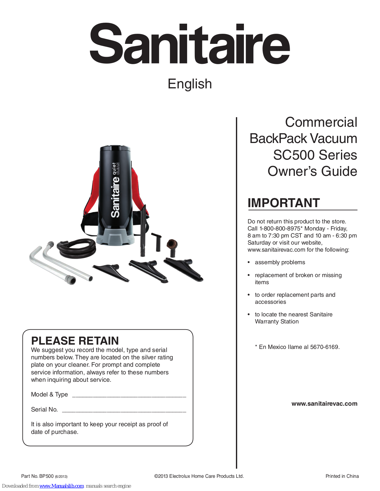 Sanitaire SC500 Series Owner's Manual