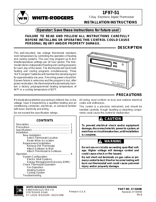 White-rodgers 1F97-51 User Manual