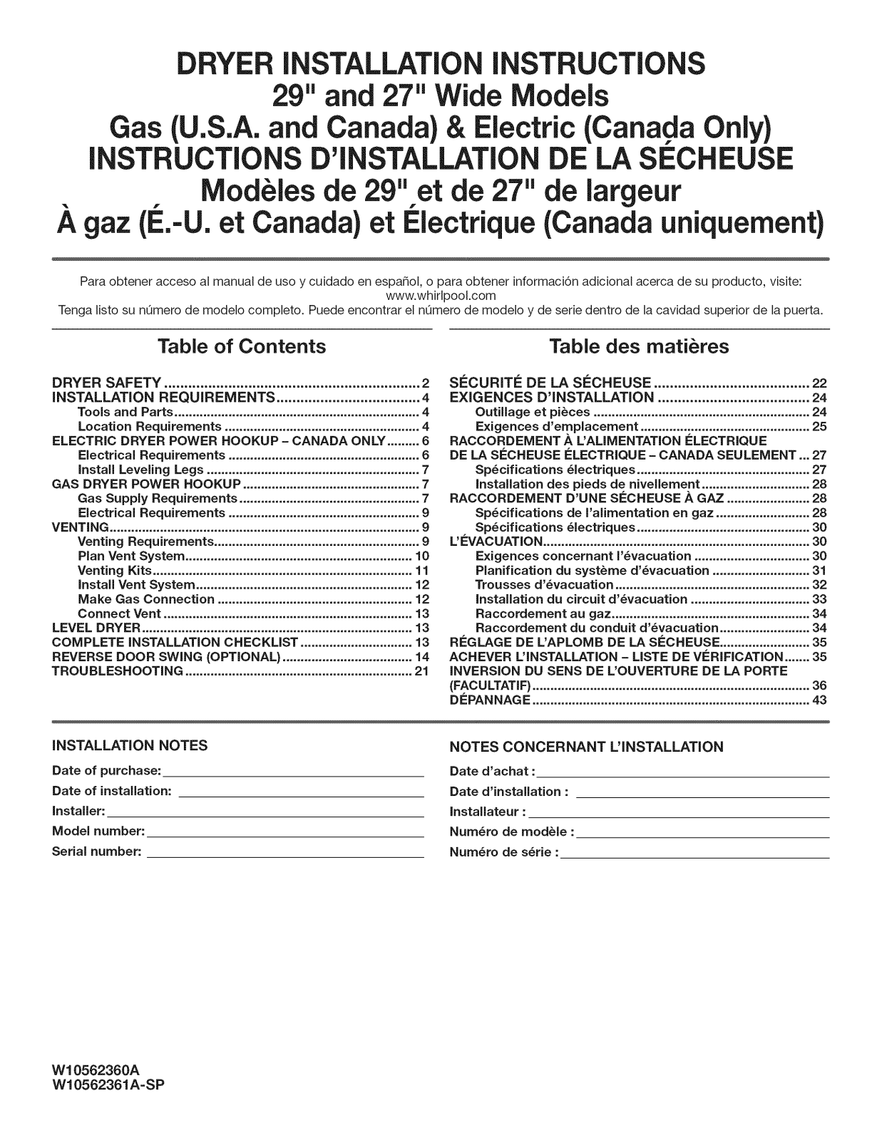Whirlpool WGD49STBW0, WGD5000DW1, WGD4800BQ1, WGD5800BC0, WGD5800BW0 Installation Guide - ManualMachine.com