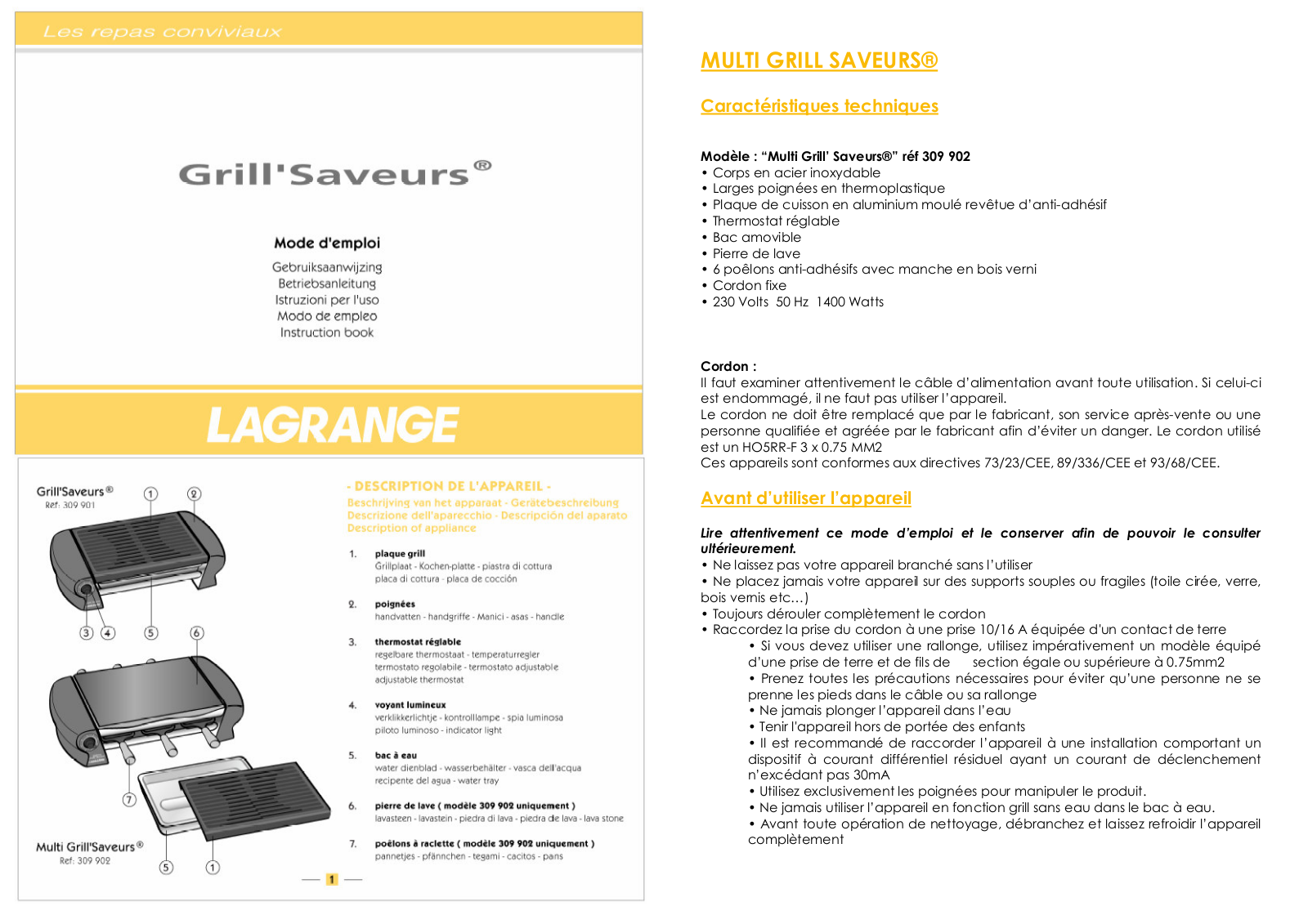 LAGRANGE GRILL SAVEURS User Manual