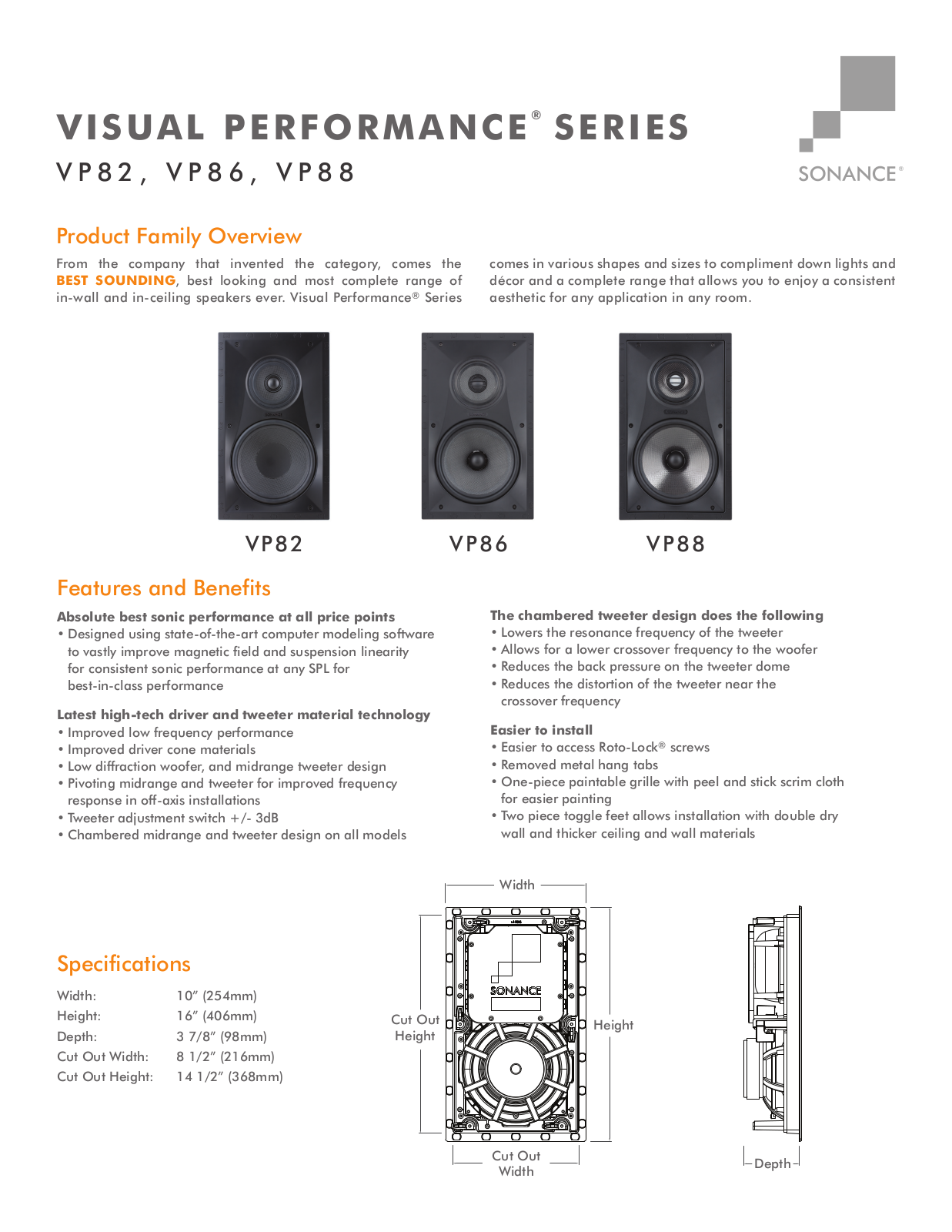 Sonance VP82, VP86, VP88 Specifications