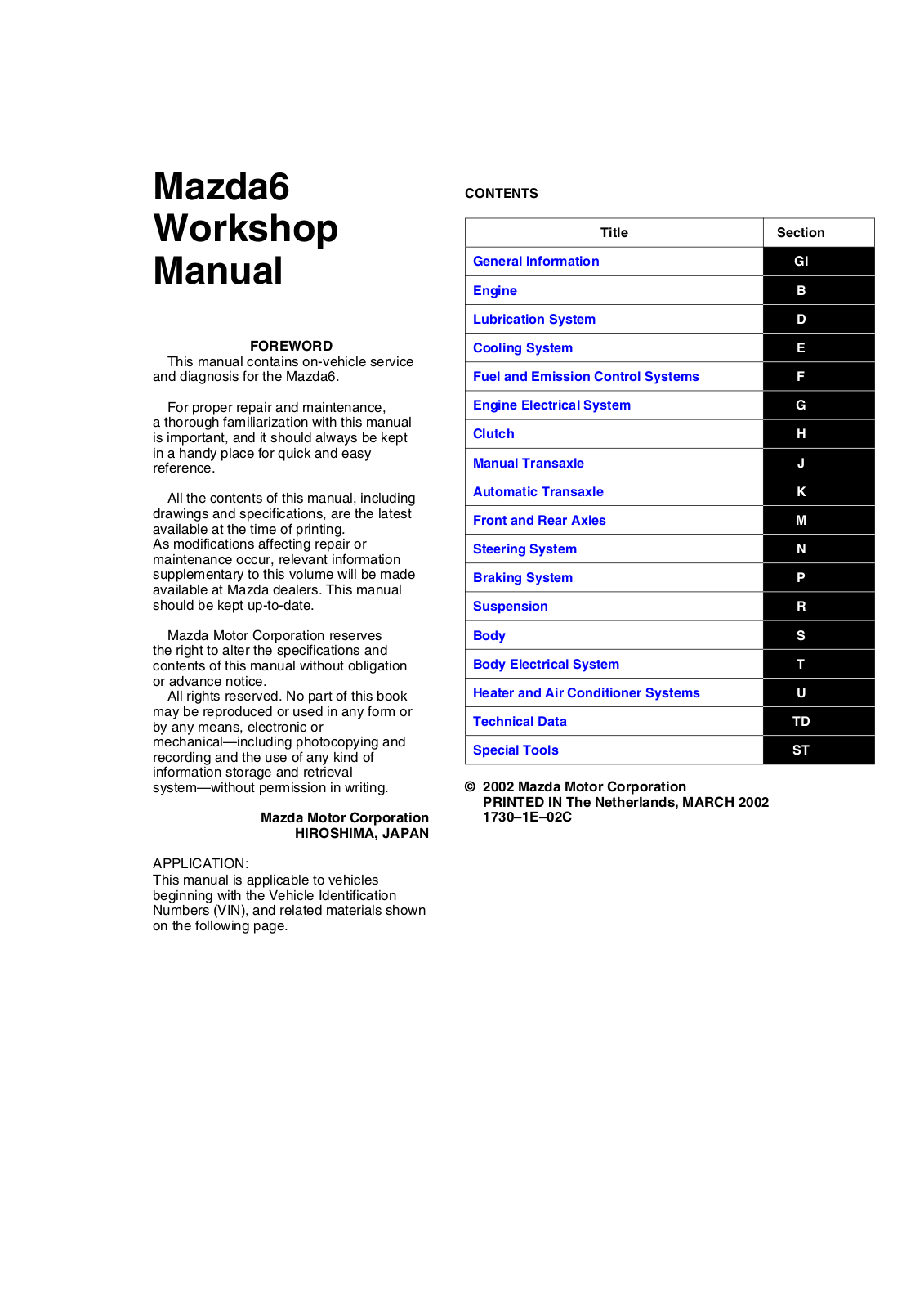 Mazda 6 2002 User Manual