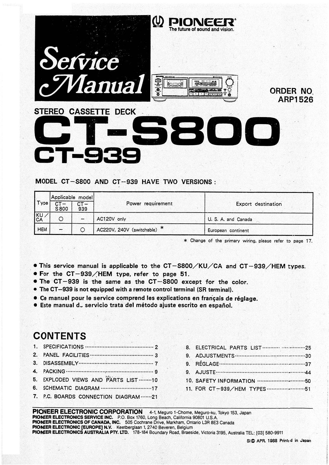 Pioneer CT-939, CTS-800 Service manual