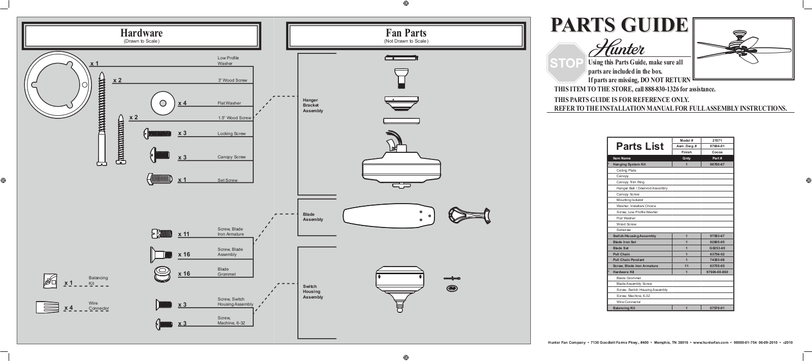 Hunter 21571 Parts Guide