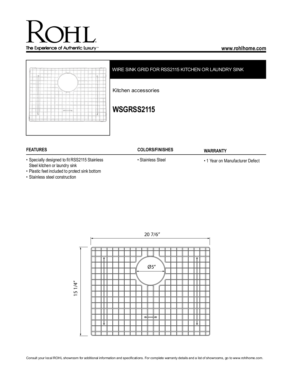 Rohl WSGRSS2115SS Specs
