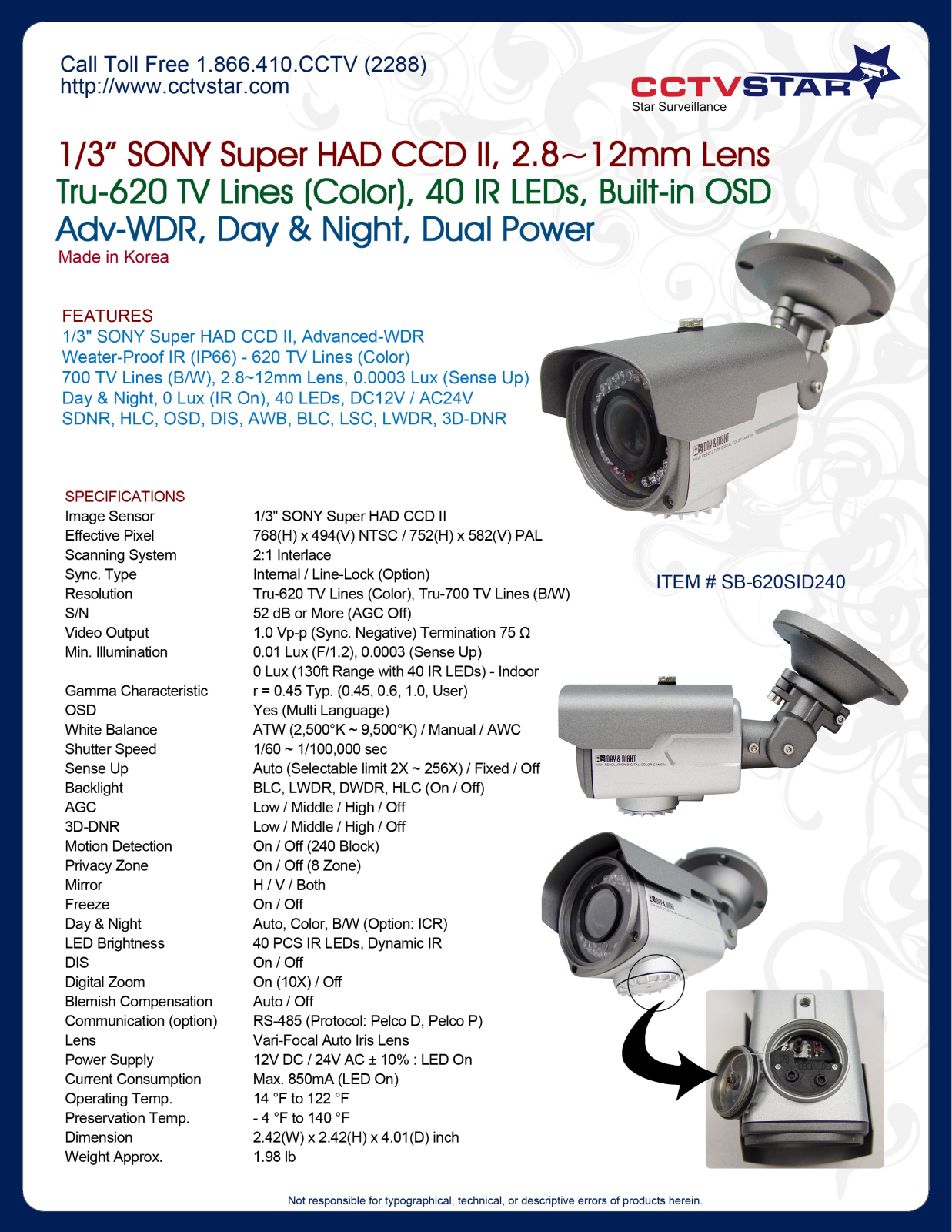 CCTV Star SB-620SID240 Specsheet - ManualMachine.com