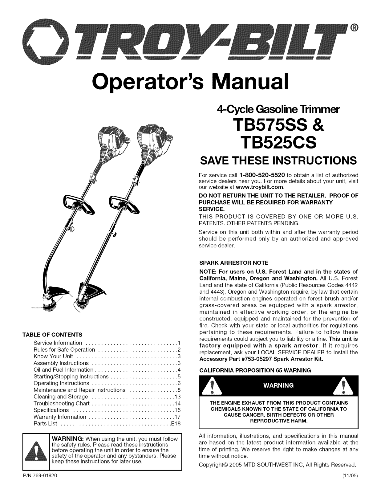 Troy-bilt TB575SS User Manual