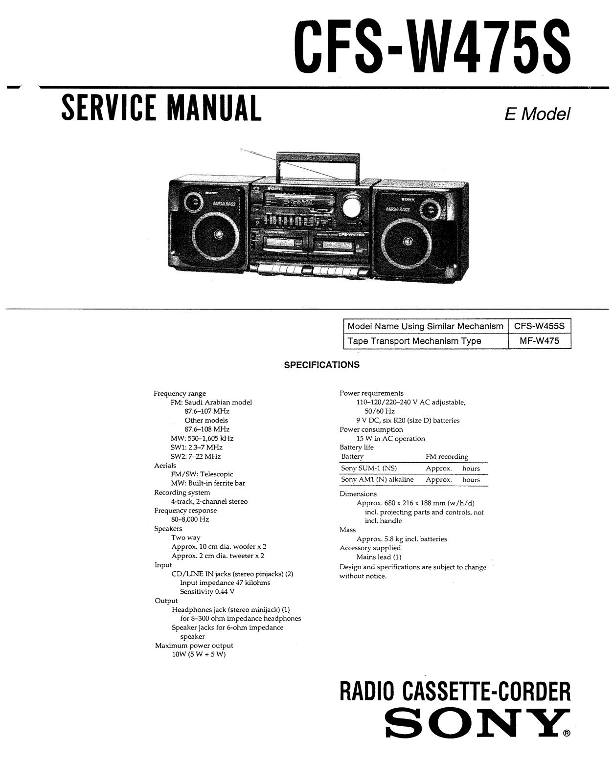 Sony CFSW-475-S Service manual