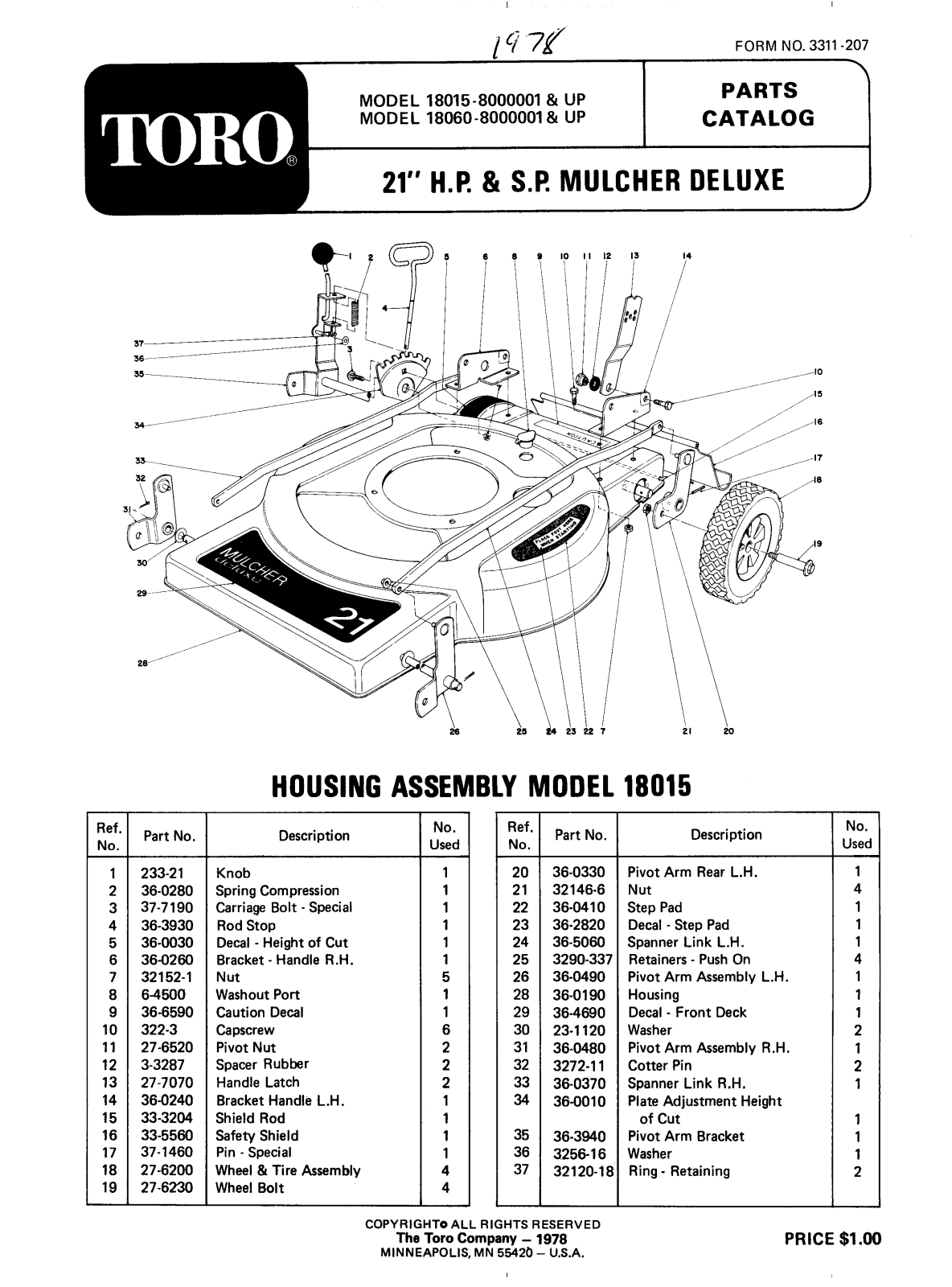 Toro 18015, 18060 Parts Catalogue