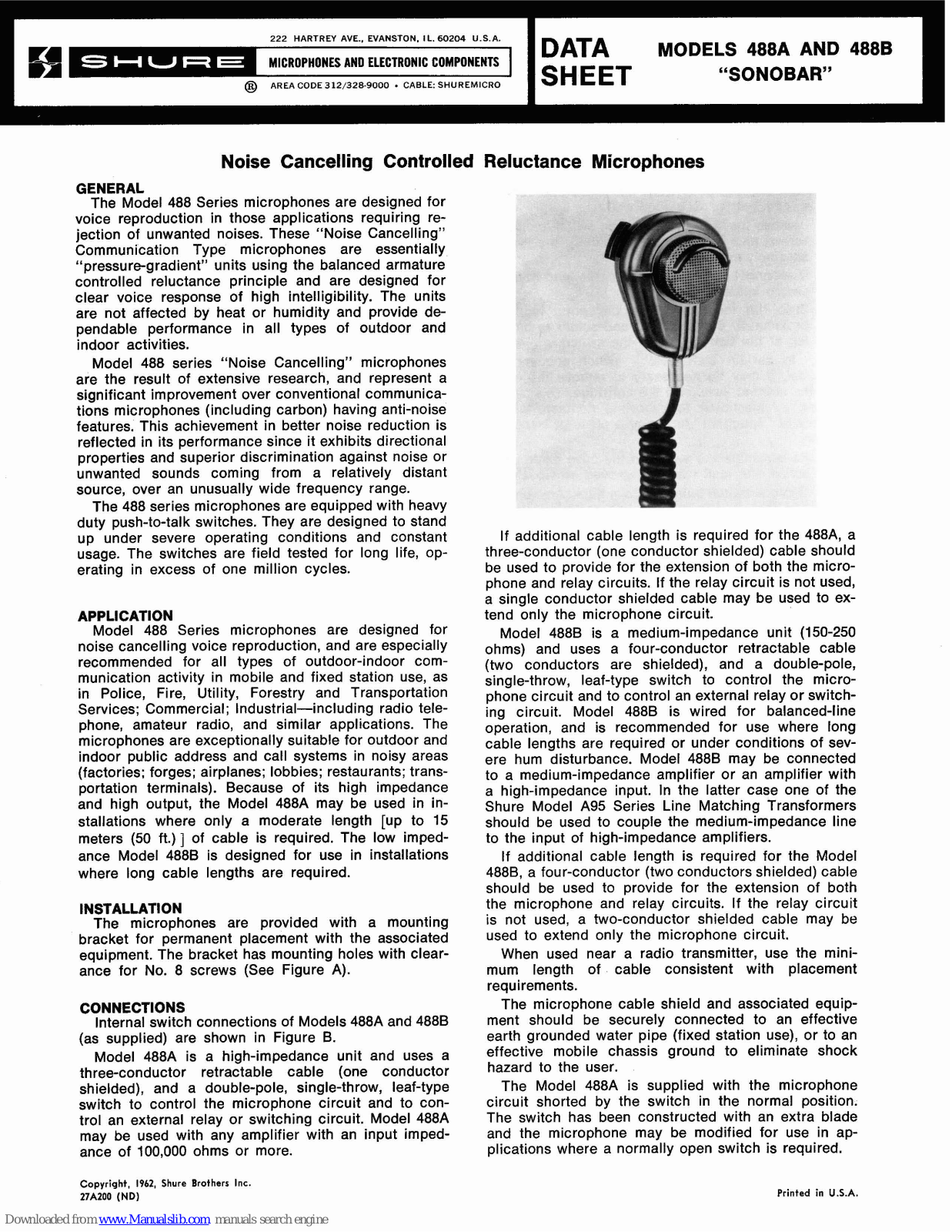 Shure Sonobar 488A, Sonobar 488B Datasheet - ManualMachine.com