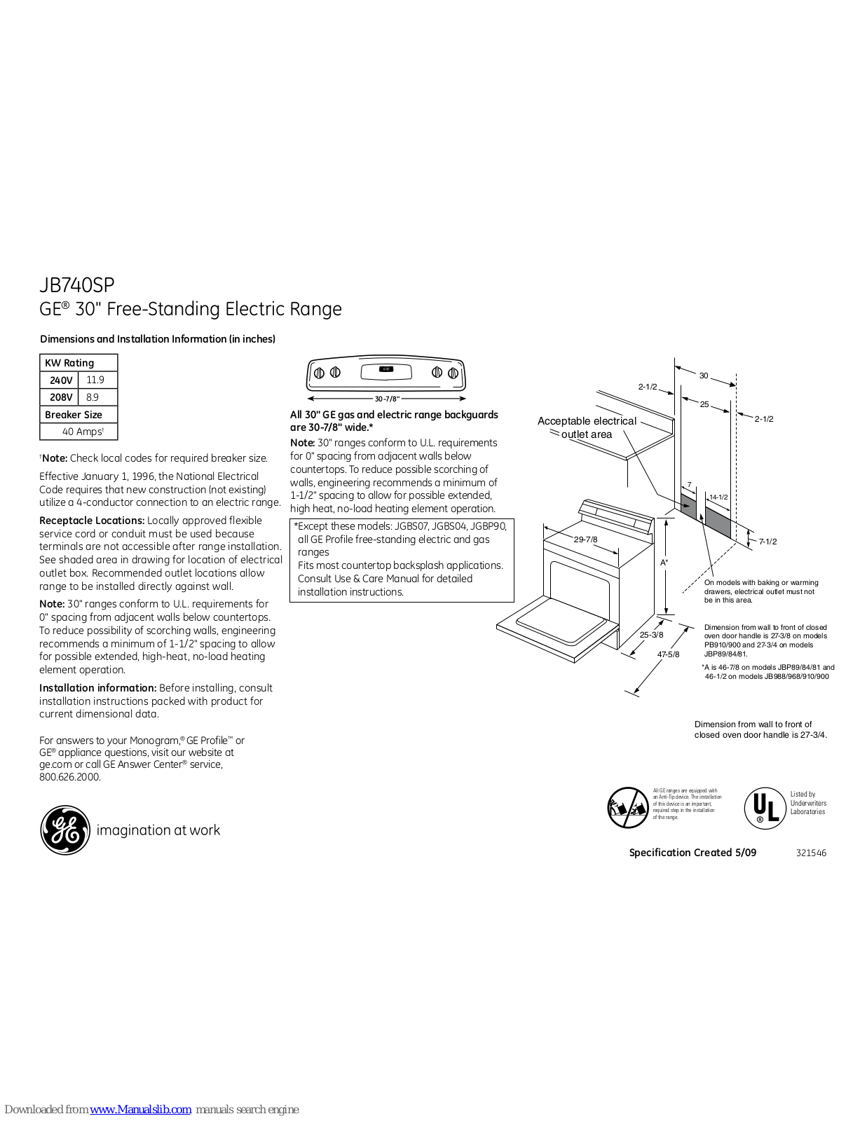 GE JB740SP, JB740SPSS Dimensions And Installation Information