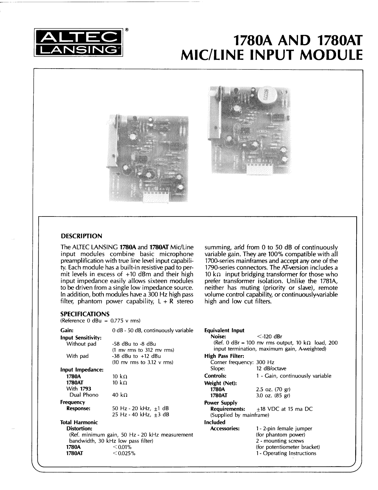 Altec Lansing 1780A, 1780AT User Manual