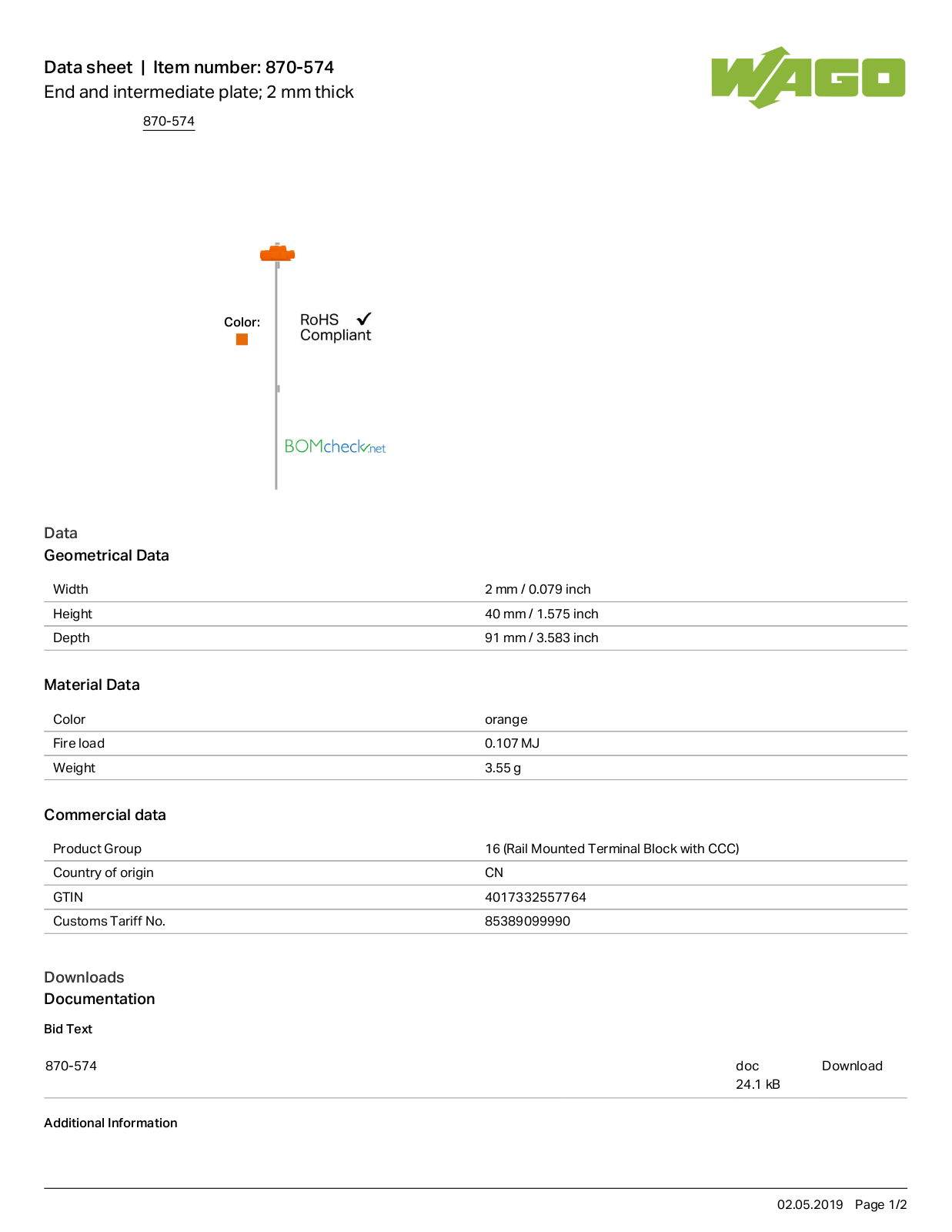 Wago 870-574 Data Sheet