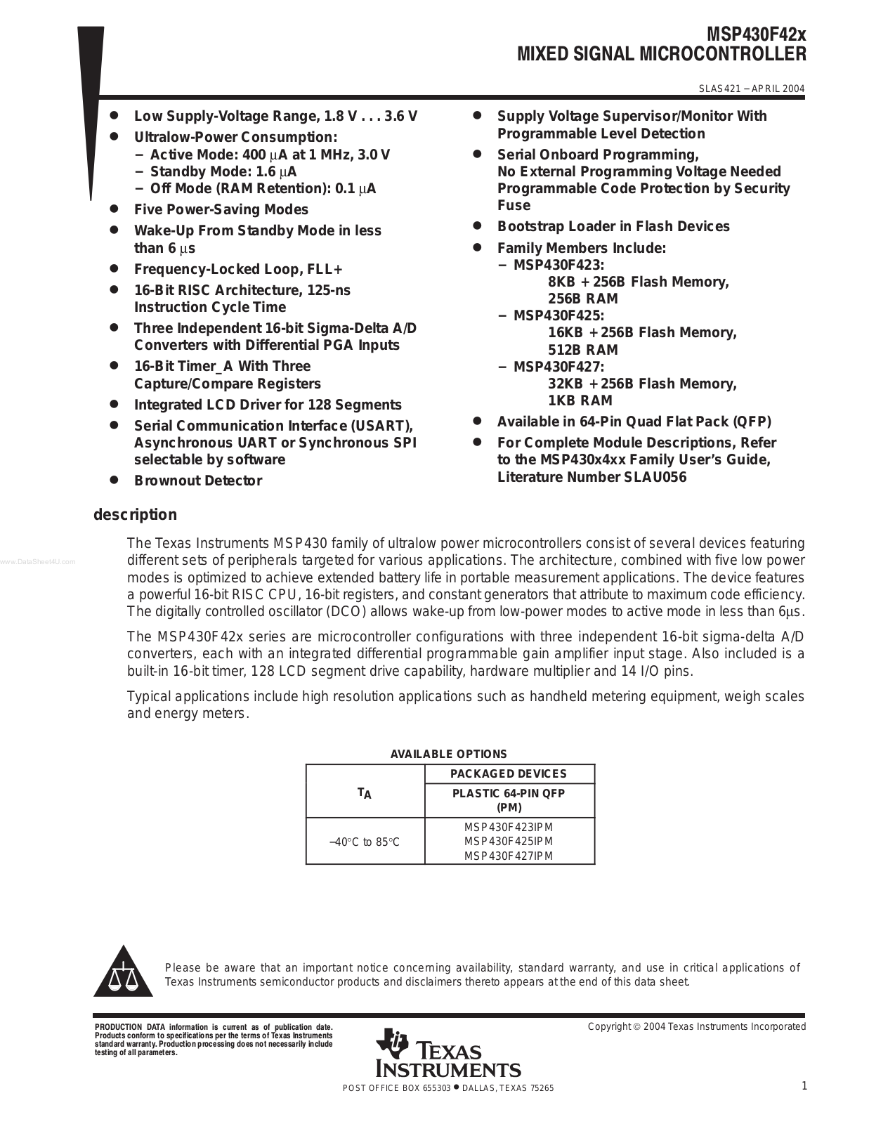 Texas Instruments MSP 430 F 425 INSTALLATION INSTRUCTIONS