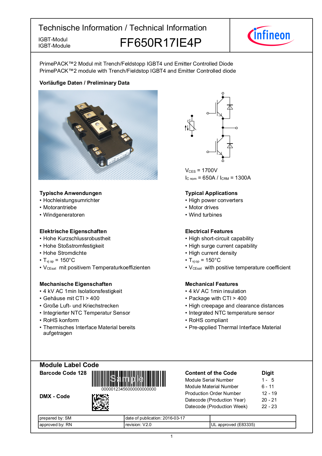 Infineon FF650R17IE4P Data Sheet