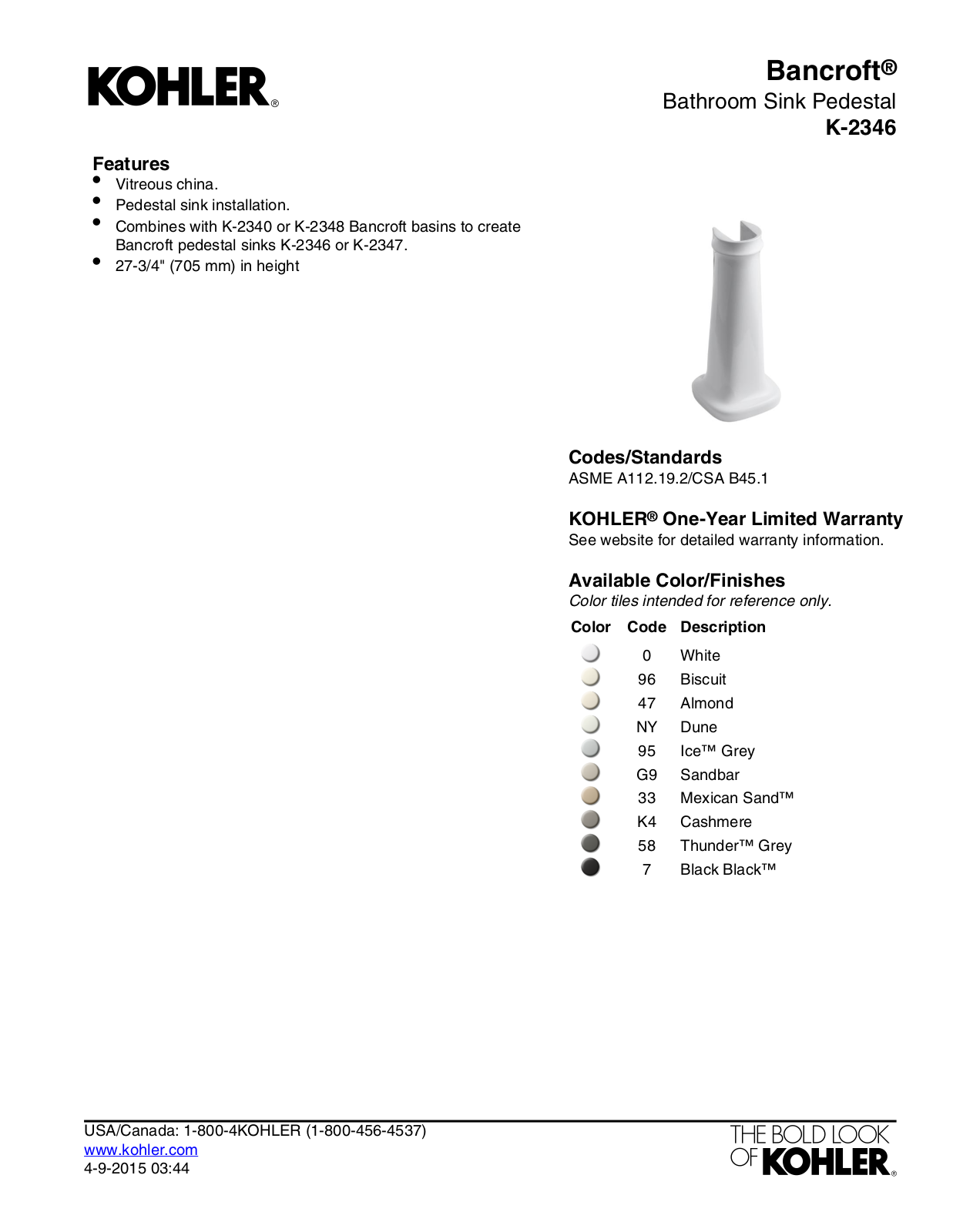 Kohler KOH2516 Specifications - ManualMachine.com
