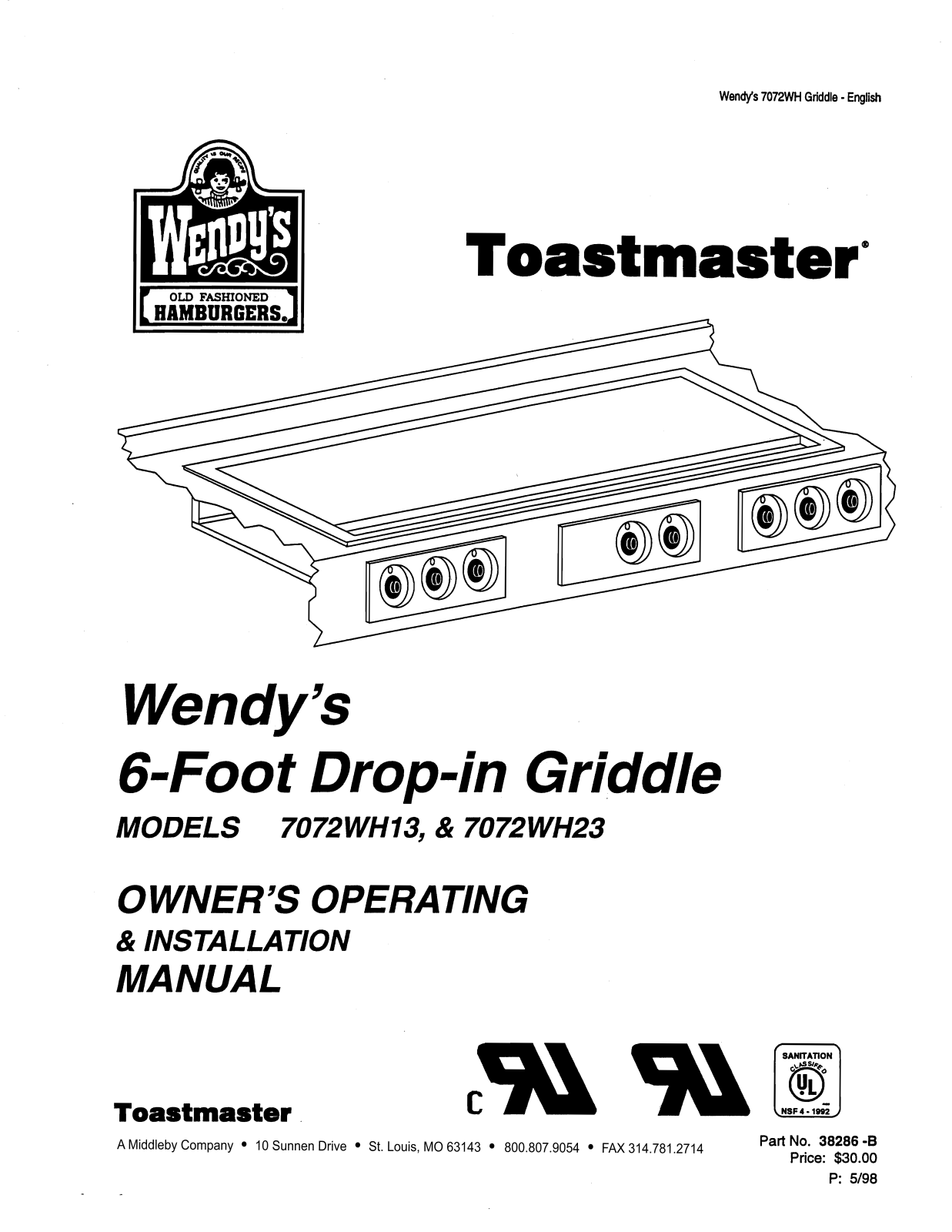 Toastmaster 7072WH13 Installation  Manual