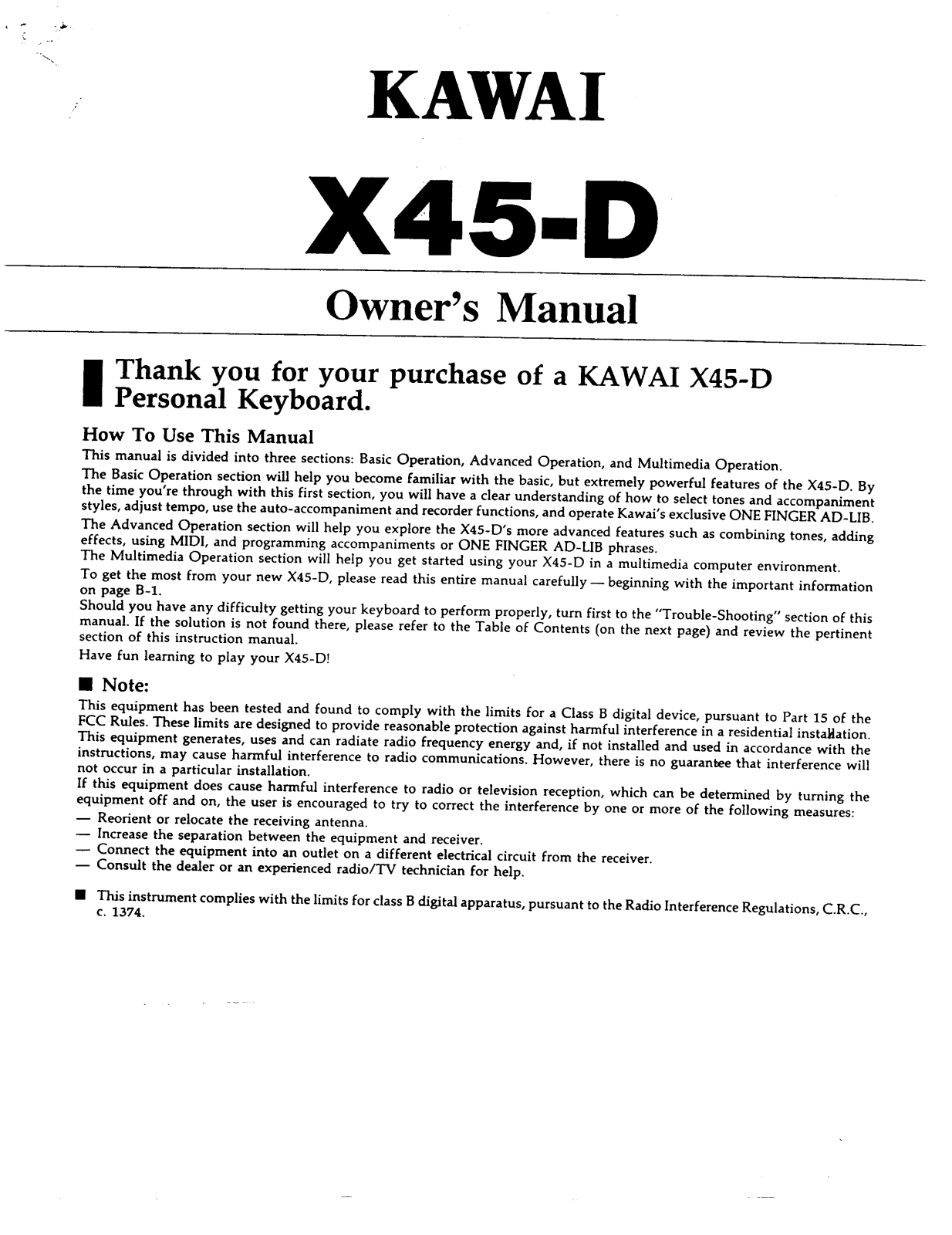 Kawai X45-D User Manual