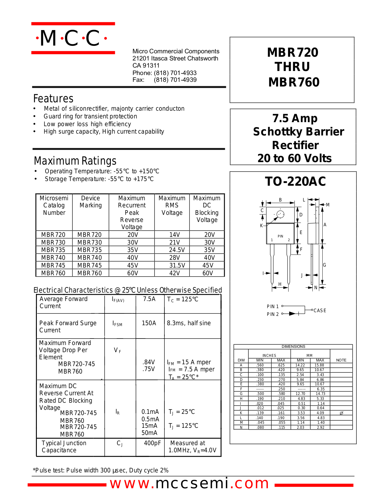 MCC MBR745, MBR740, MBR735, MBR730, MBR760 Datasheet