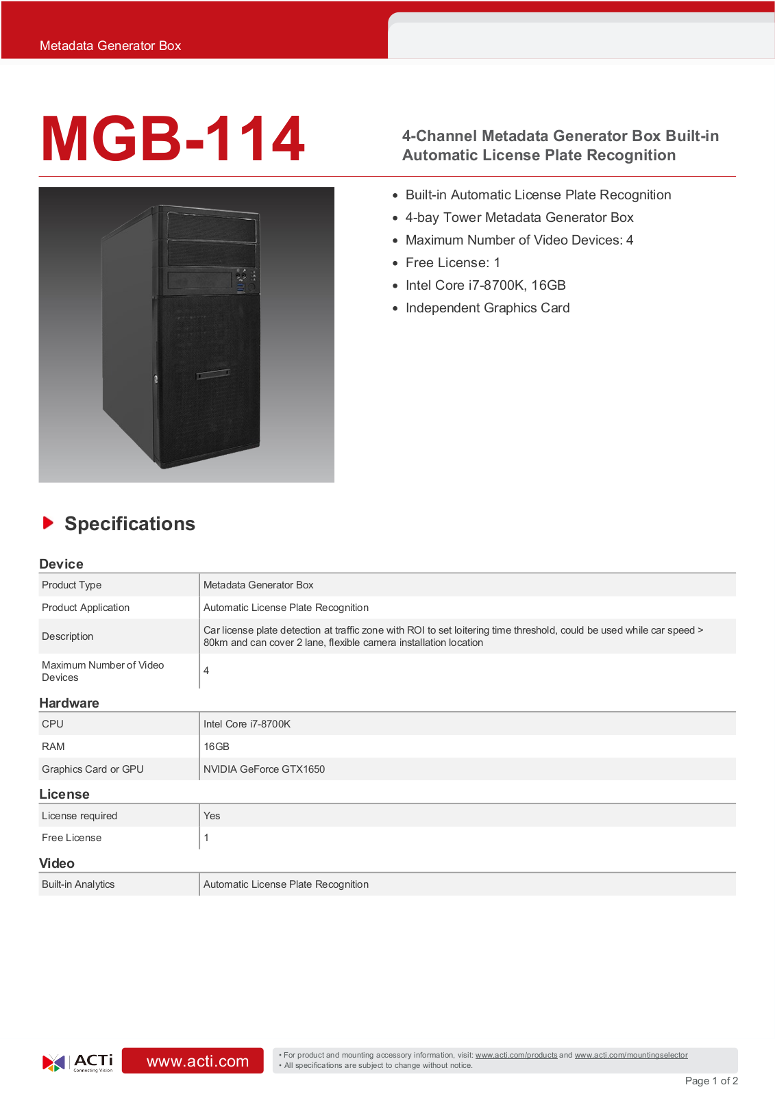 ACTi MGB-114 Specsheet