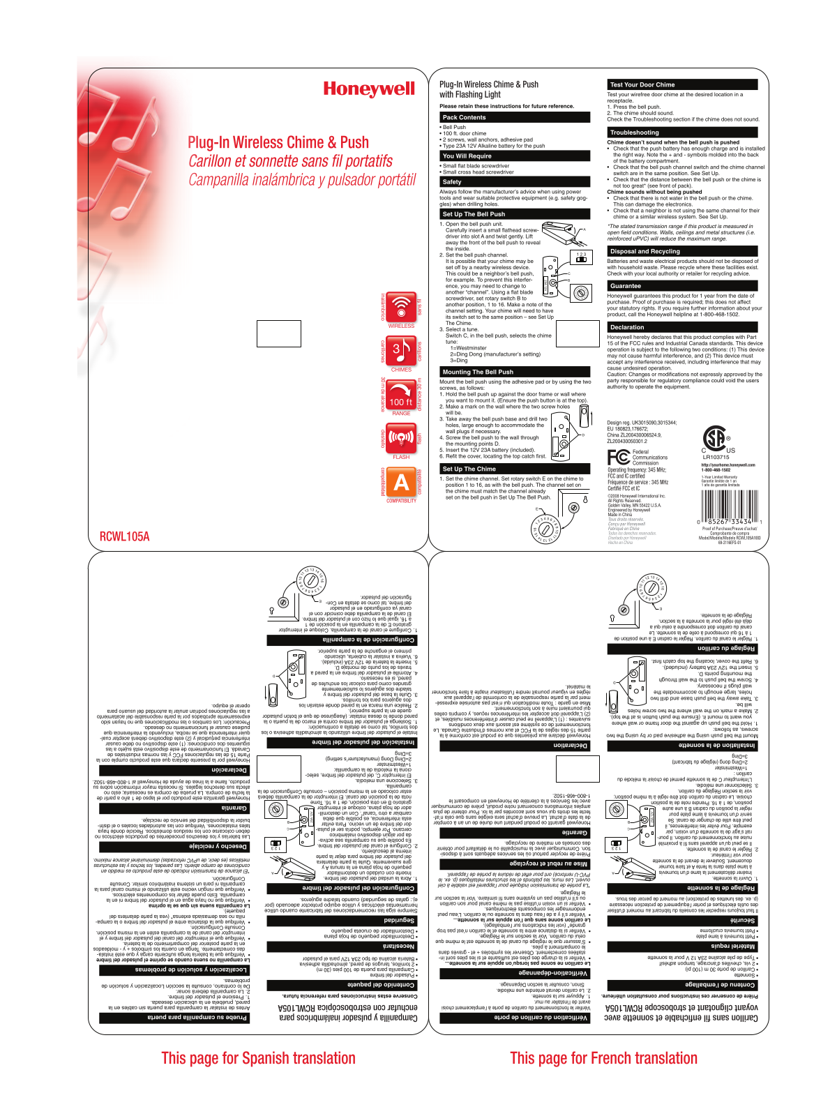 Honeywell RCWL105A User Manual