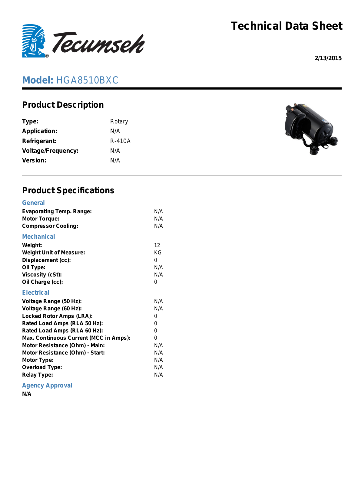 Tecumseh HGA8510BXC Technical Data Sheet