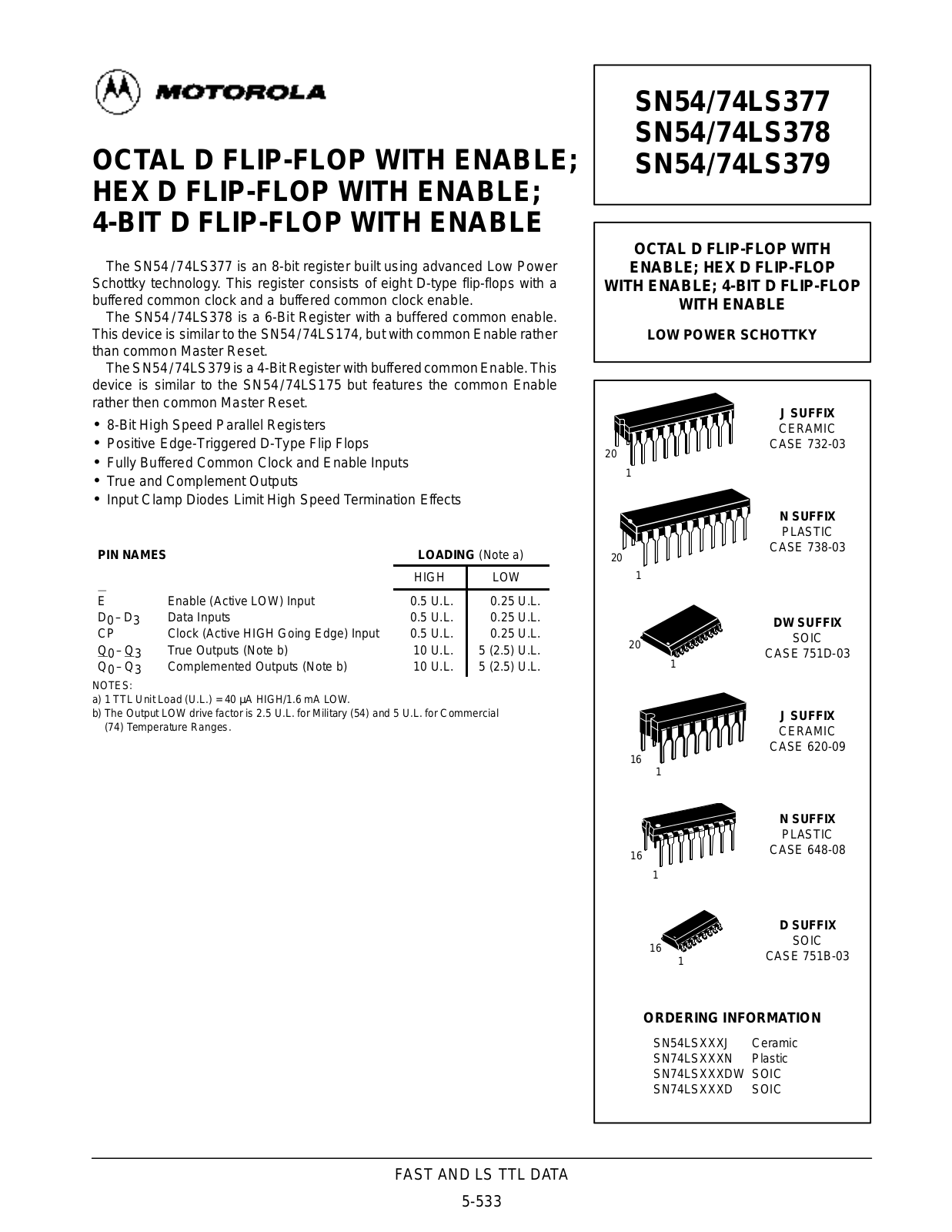 Motorola SN54LS379J, SN54LS377J, SN54LS378J, SN74LS377D, SN74LS377DW Datasheet