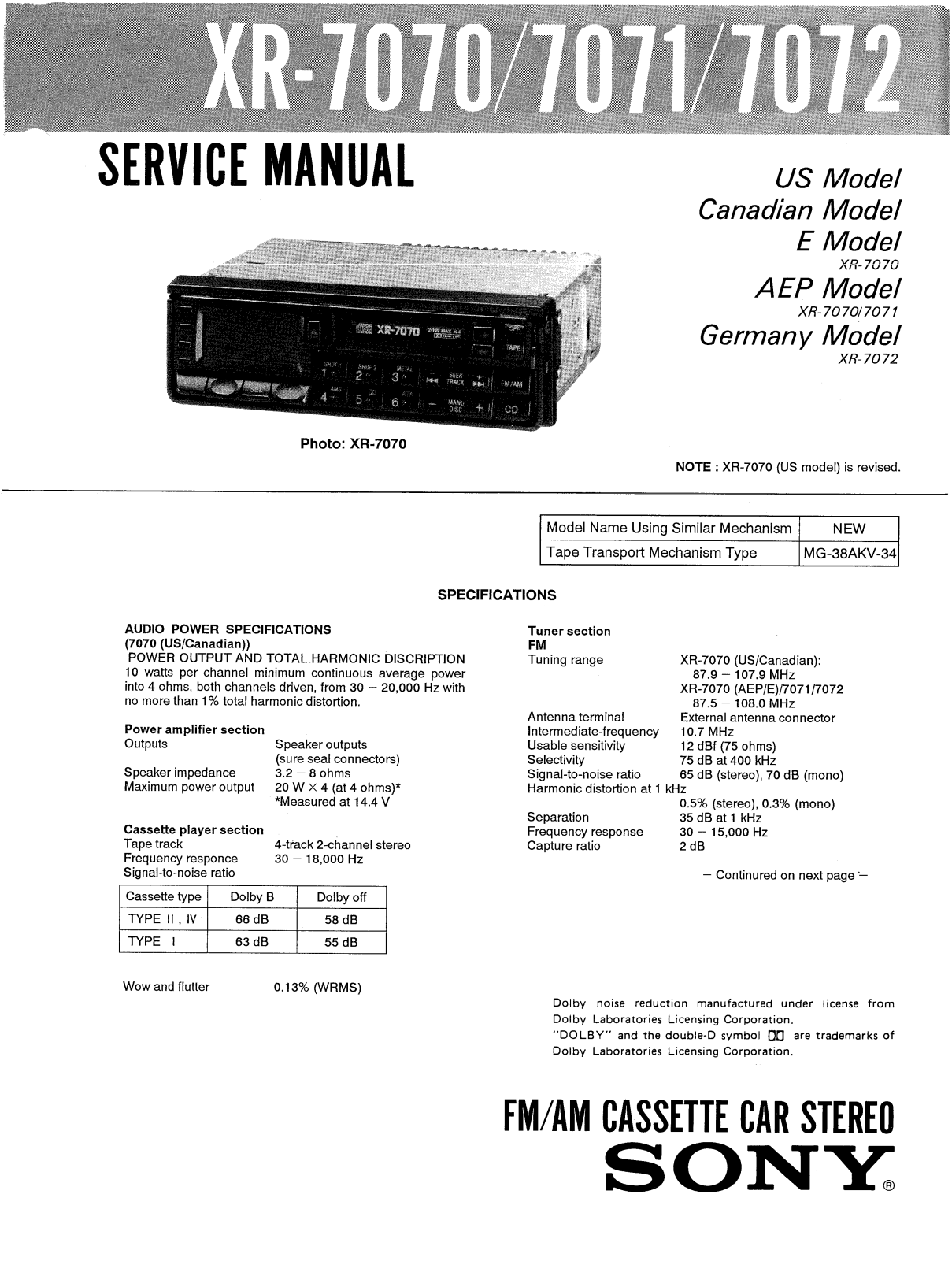 Sony XR-7071 Service manual