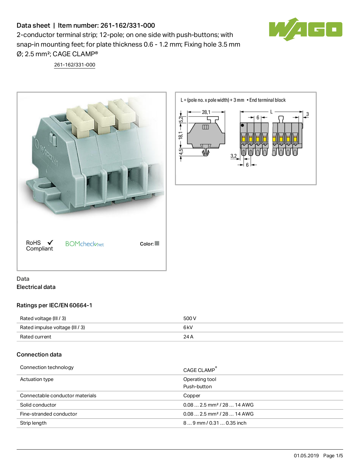 Wago 261-162/331-000 Data Sheet