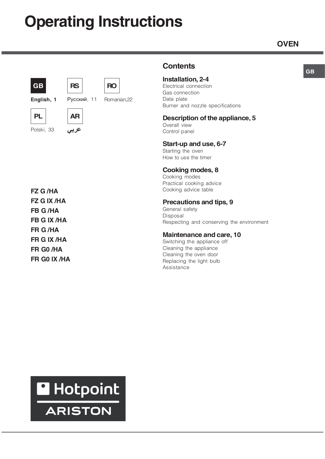 Hotpoint Ariston FB G IX/HA, FR G0, FZ G IX/HA Manual