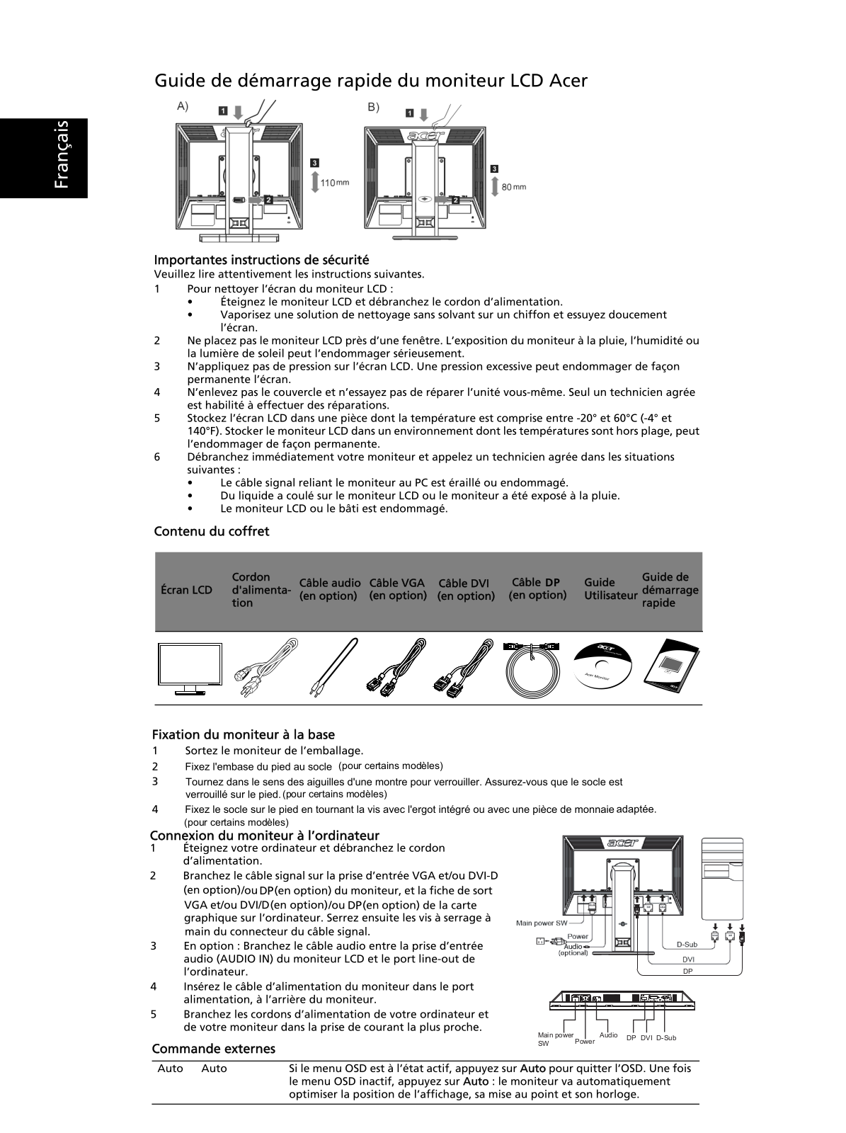 Acer B243PH, B223PW quick installation guide