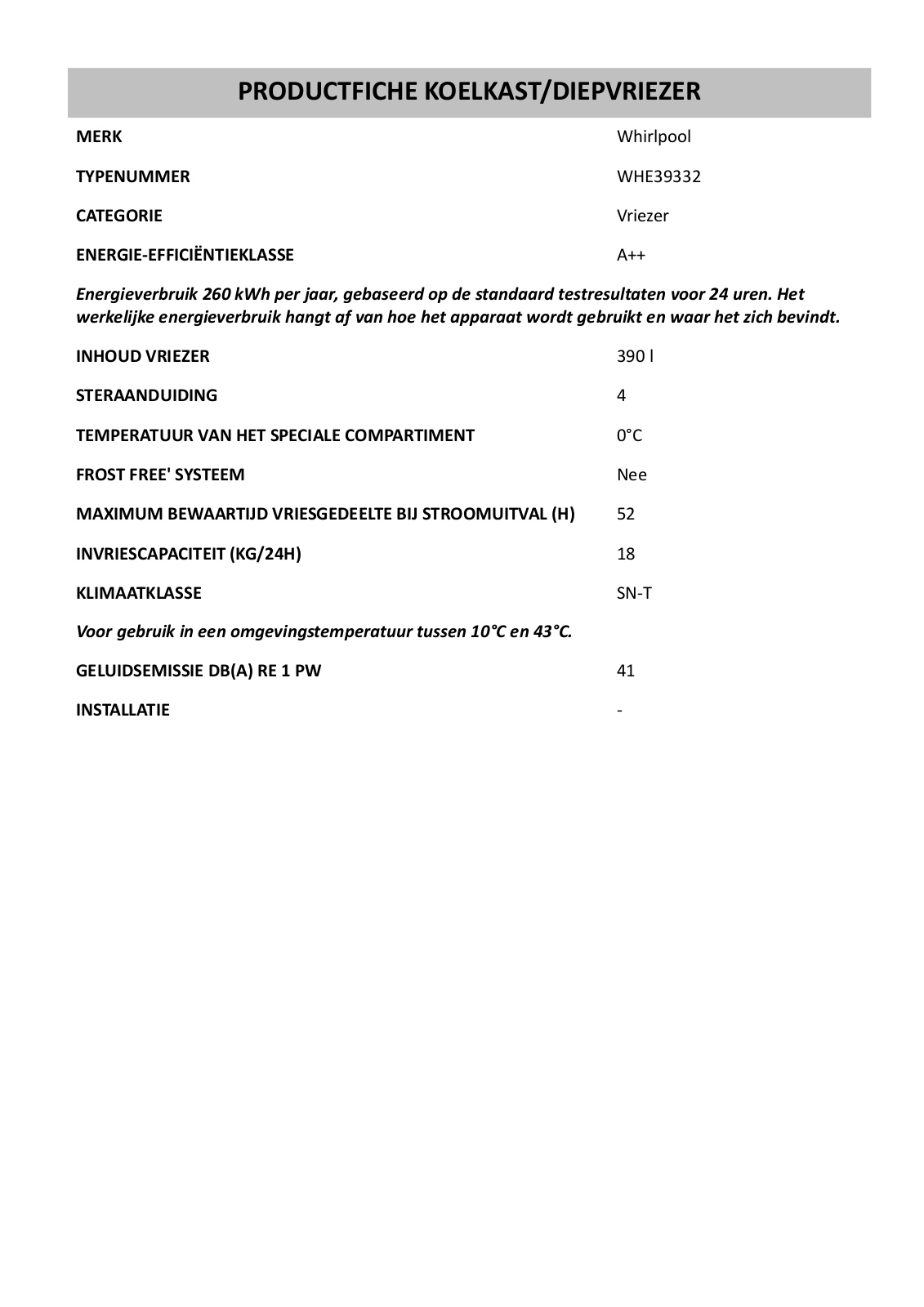 Whirlpool WHE39332 PRODUCT SHEET