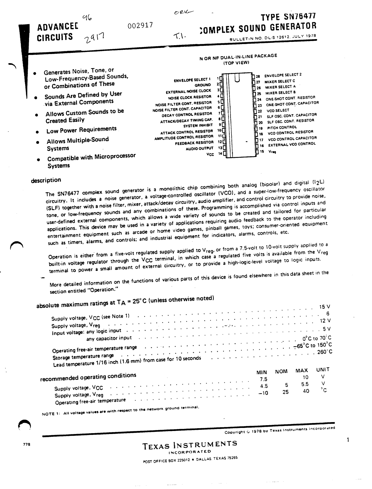 Texas Instruments SN76477 Datasheet