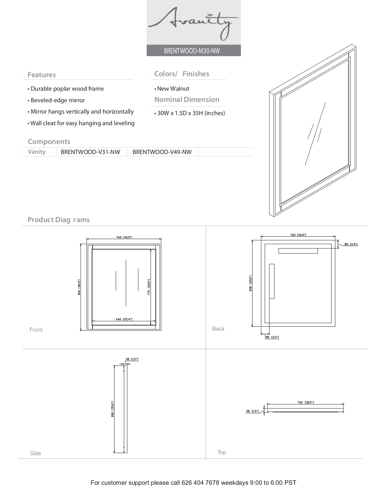 Avanity BRENTWOODM30NW Specifications