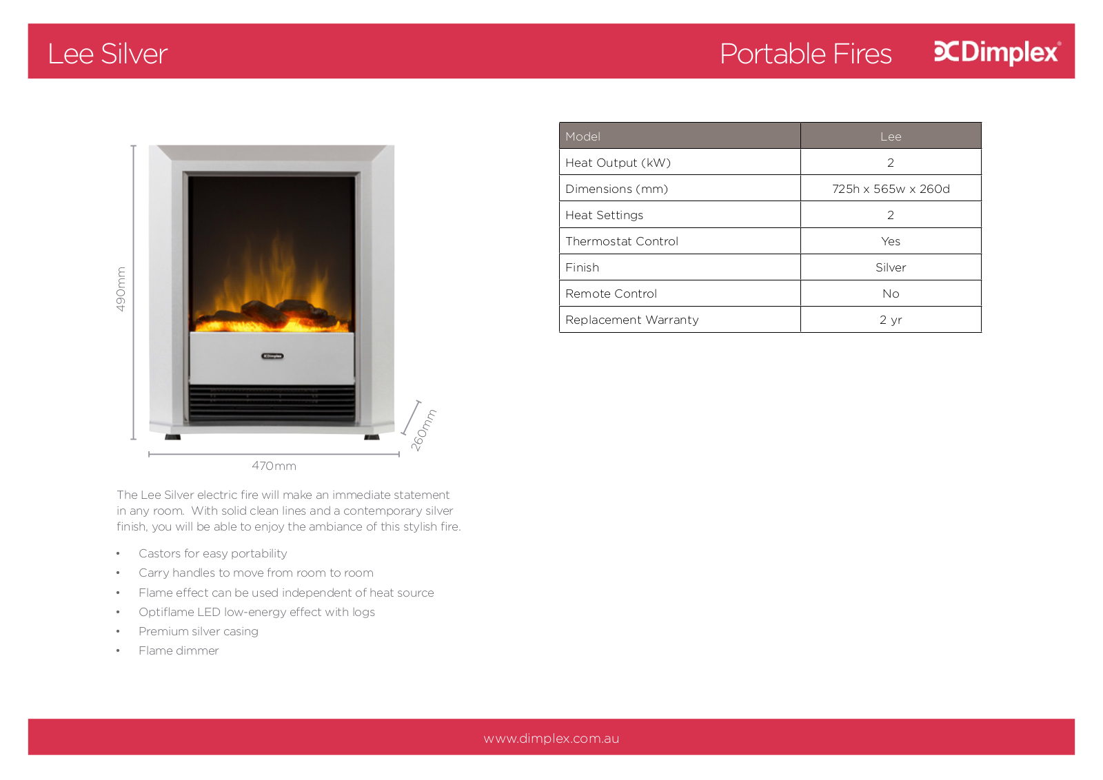 Dimplex LEESILVER Specifications Sheet