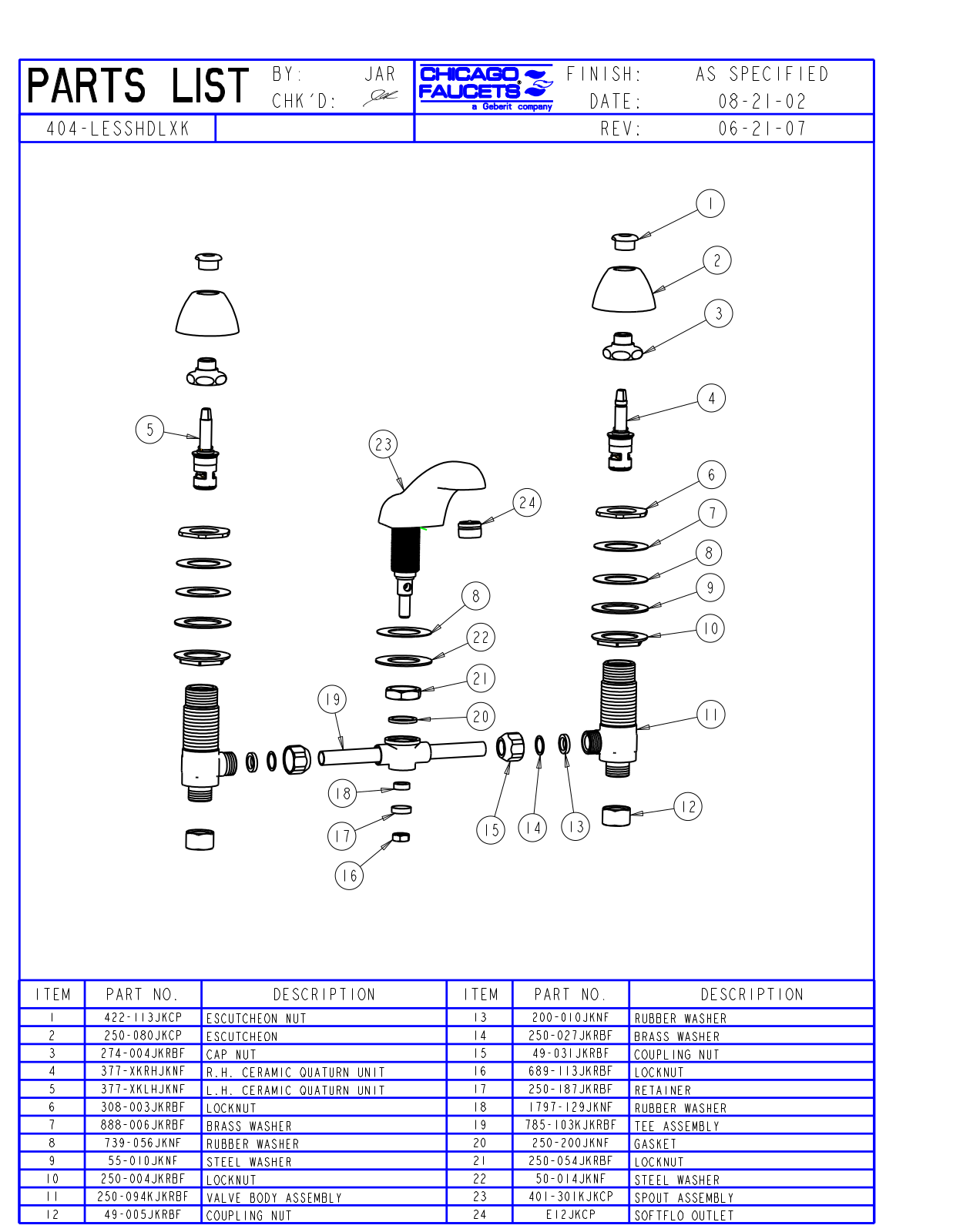 Chicago Faucet 404-LESSHDLXK Parts List