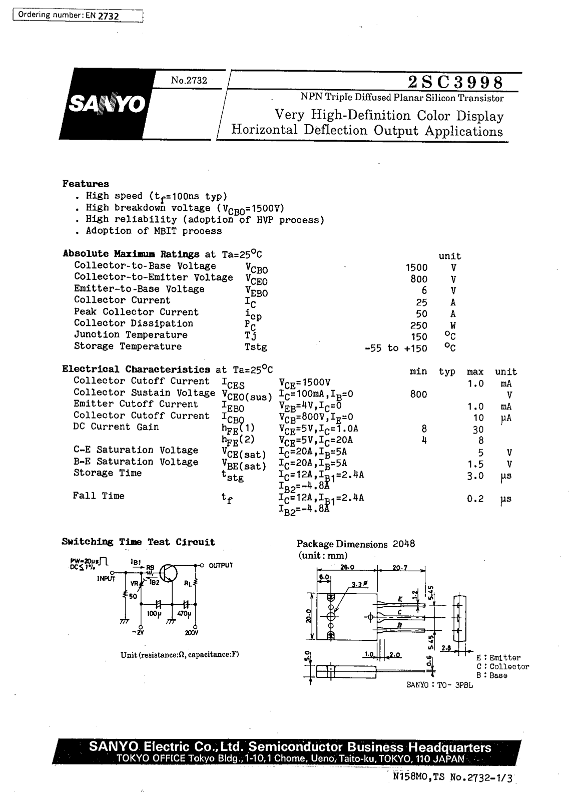 SANYO 2SC3998 Datasheet