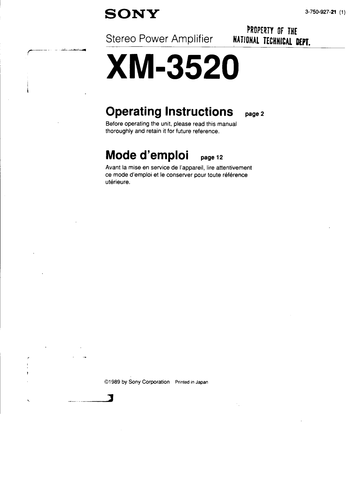 Sony XM-3520 User Manual