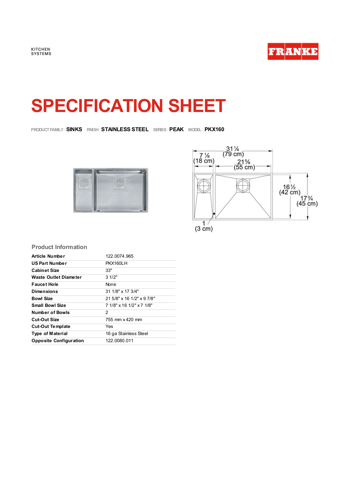 Franke PKX160LH Specs