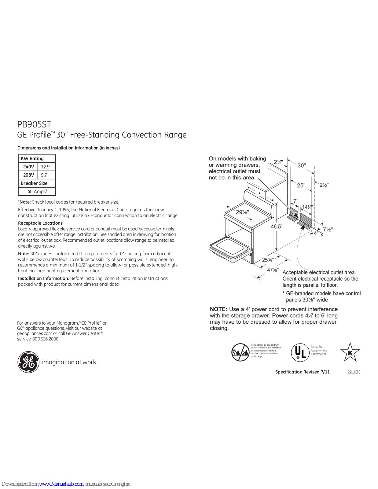 GE Profile PB905STSS, Profile PB905ST Dimensions And Installation Information