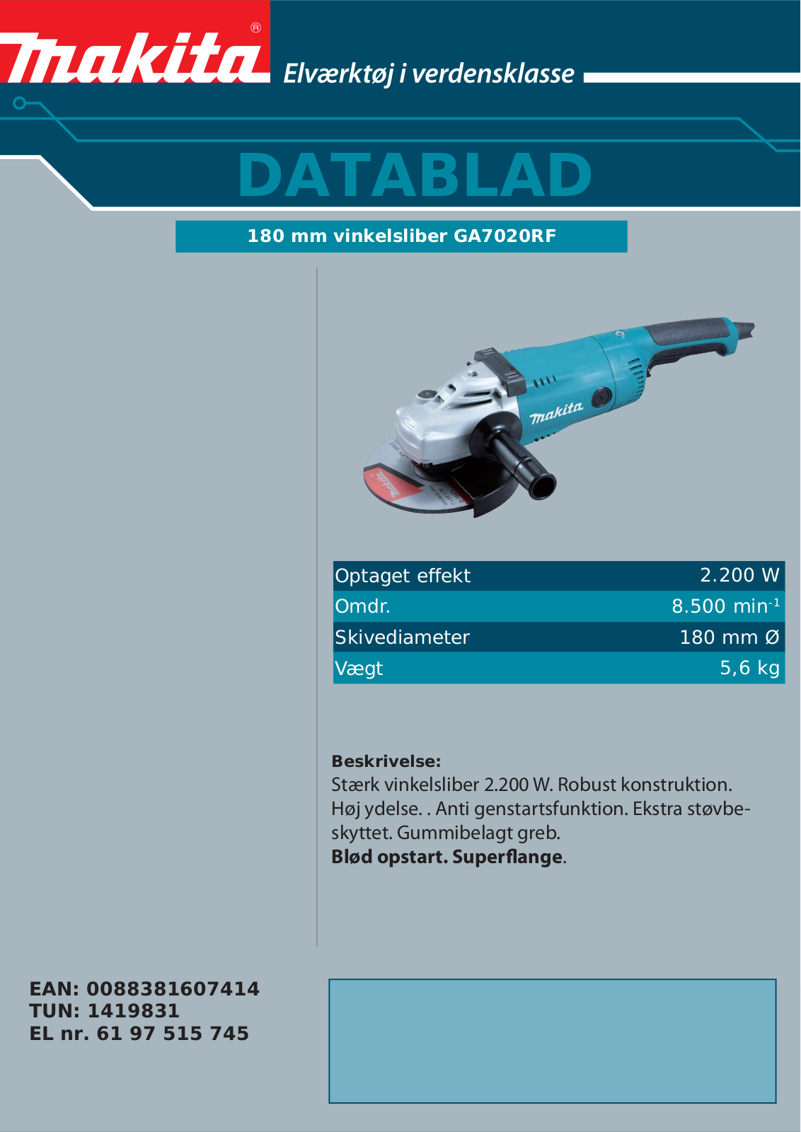 Makita GA7020RF DATASHEET