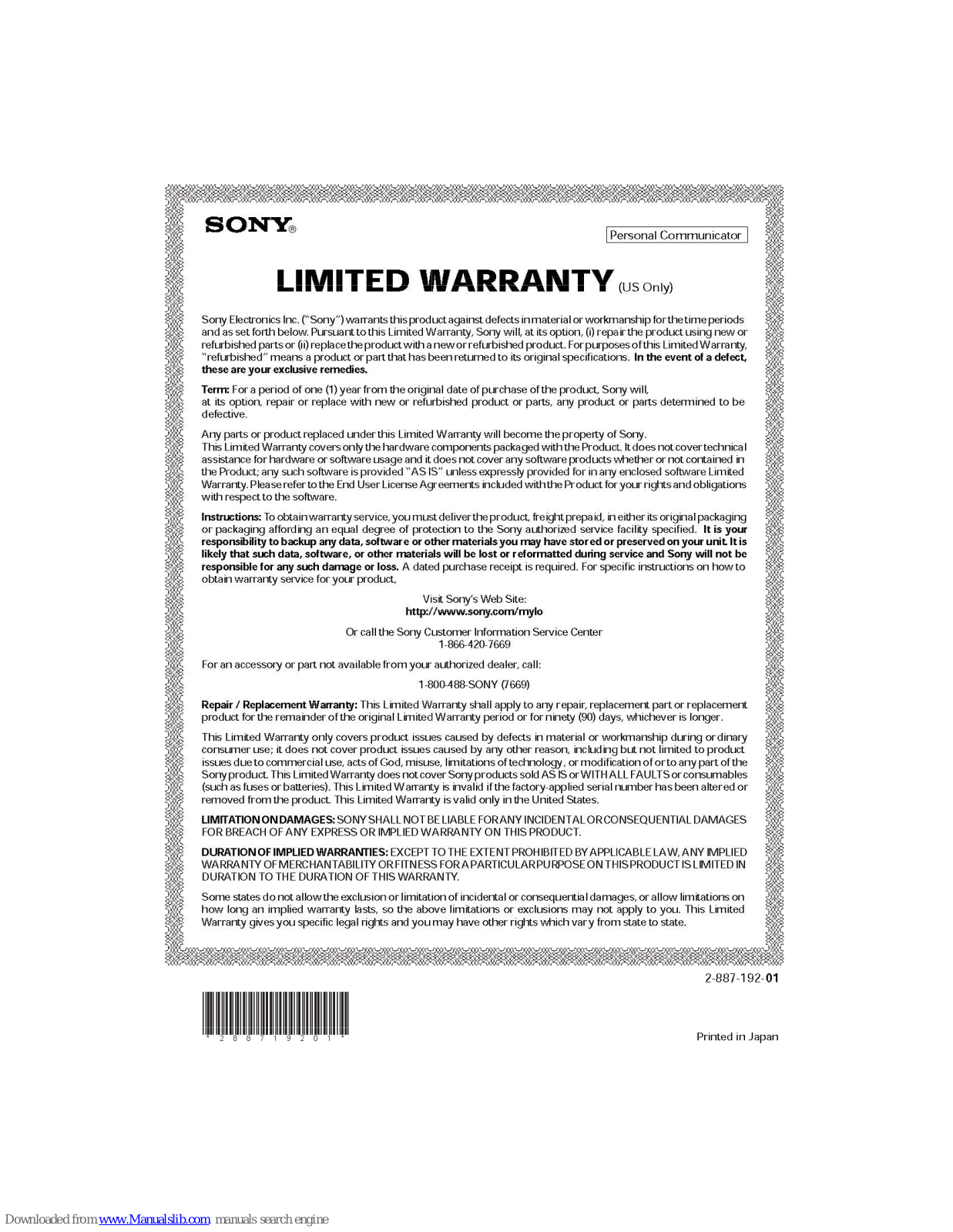 Sony COM-2BLACK - Mylo&trade, Internet Device, COM-2WHITE - Mylo™ Internet Device Warranty