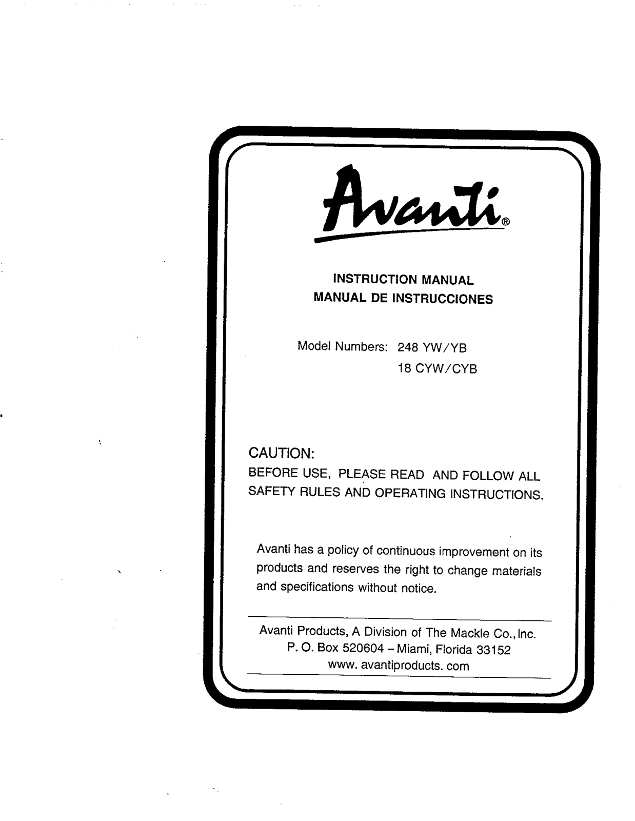 Avanti 18CYW User Manual