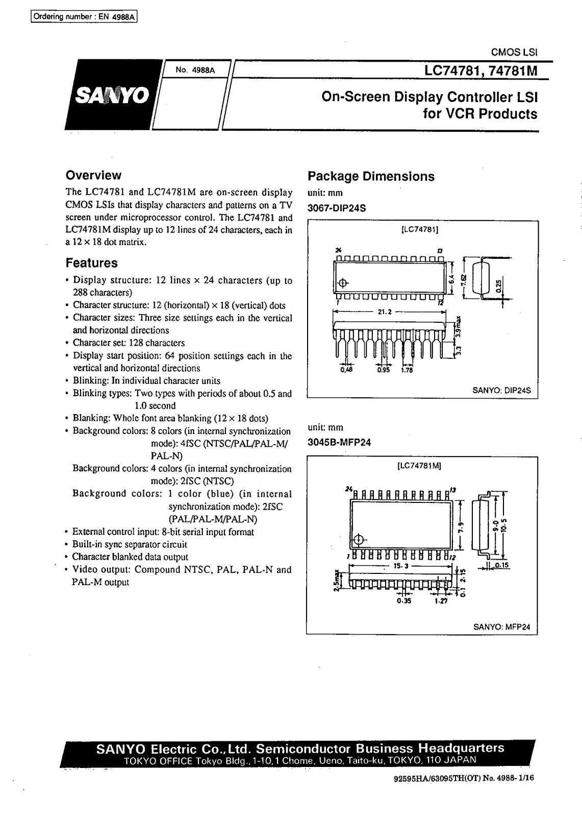 SANYO LC74781M, LC74781 Datasheet