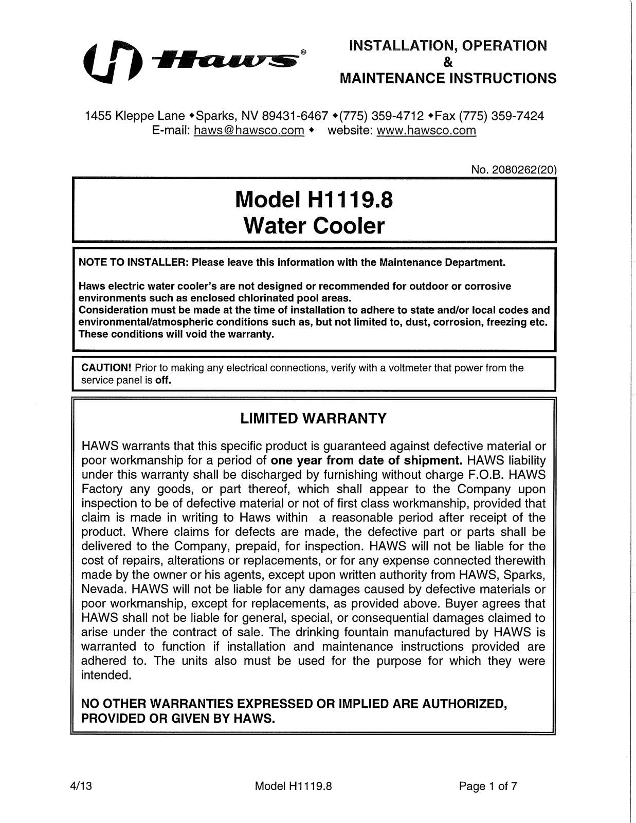 Haws H1119.8 Installation, Operation & Maintenance Instructions Manual