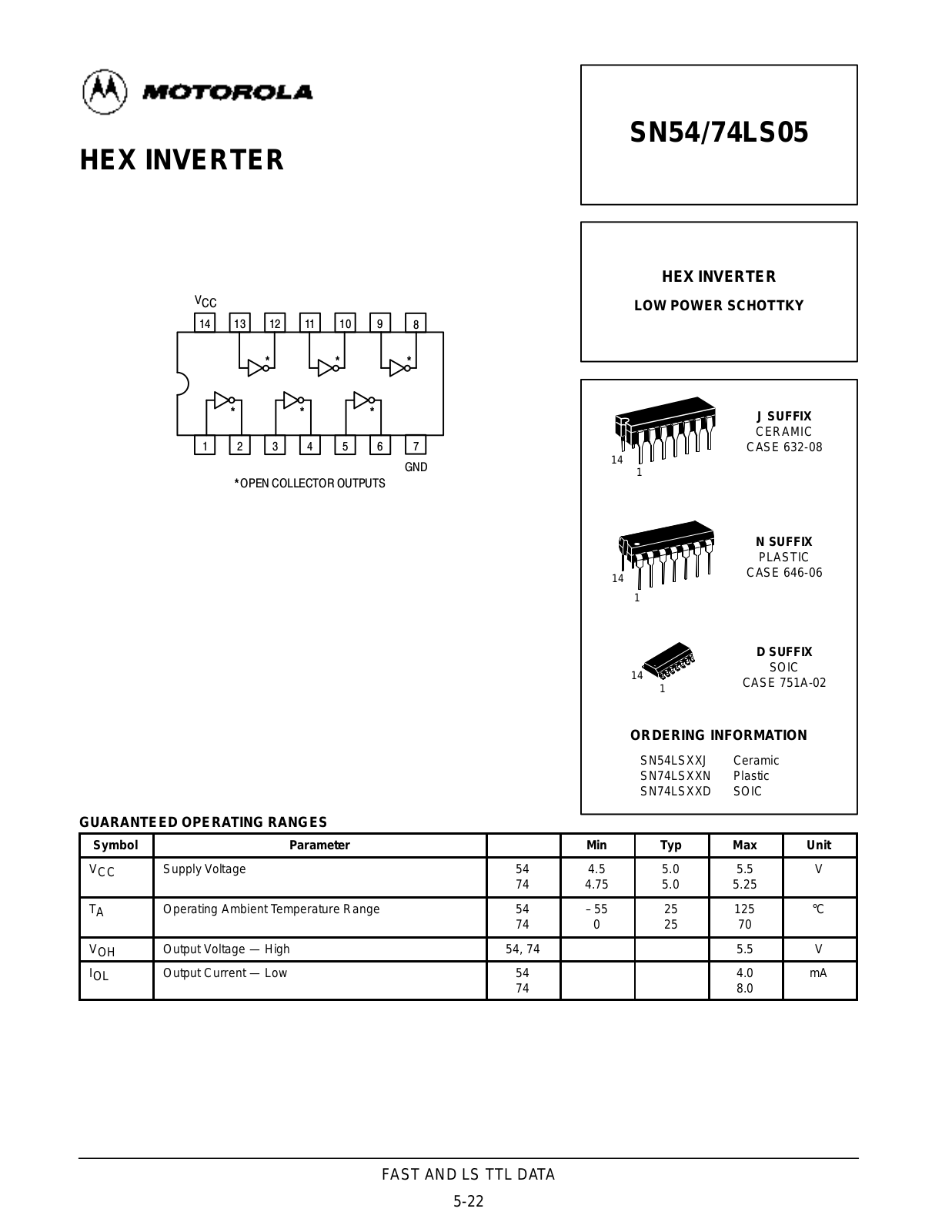 Motorola SN54LS05J, SN74LS05D, SN74LS05N Datasheet