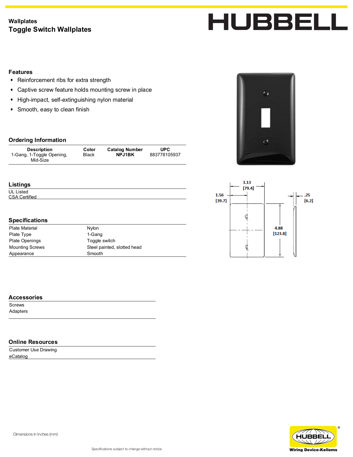 Hubbell NPJ1BK Specifications