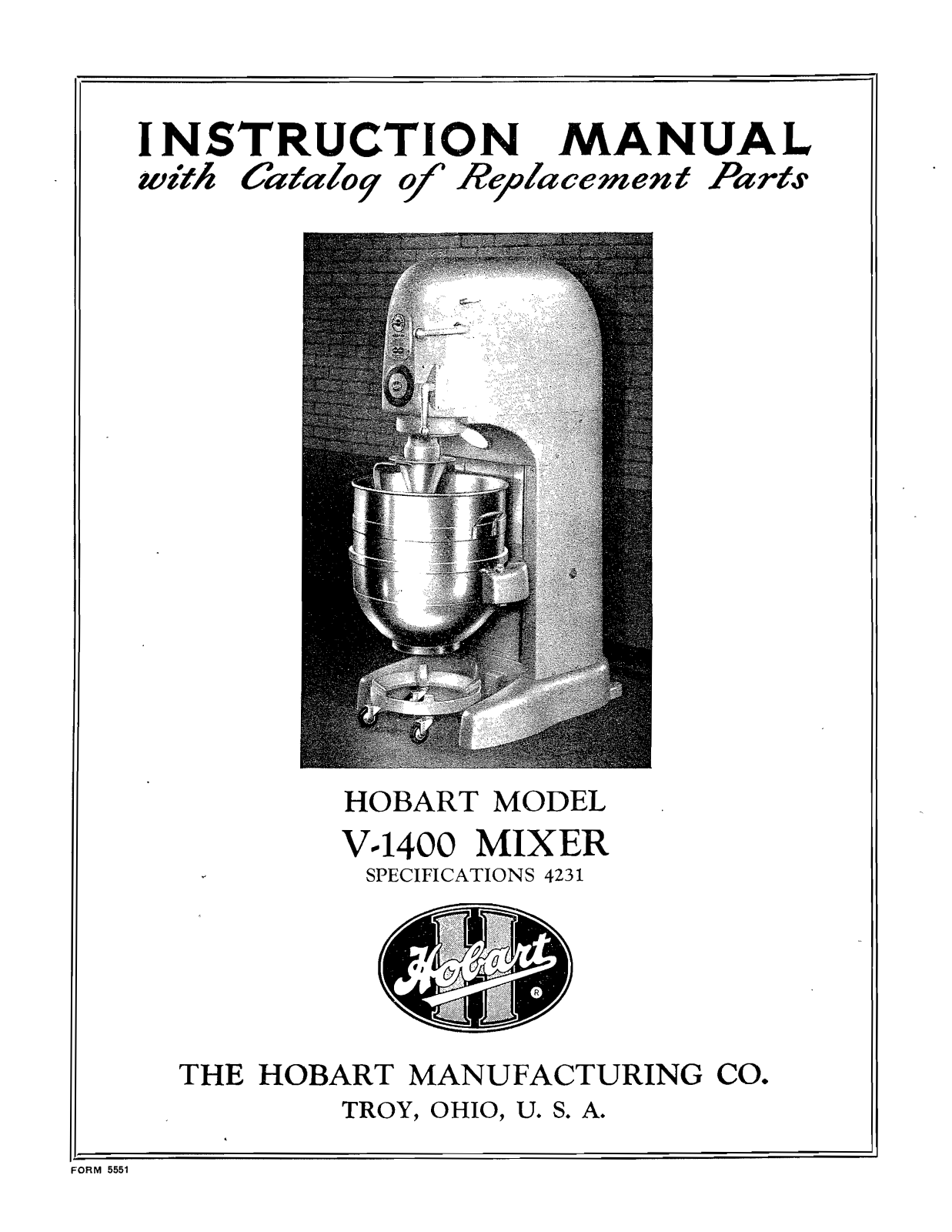Hobart V-1400 Installation Manual