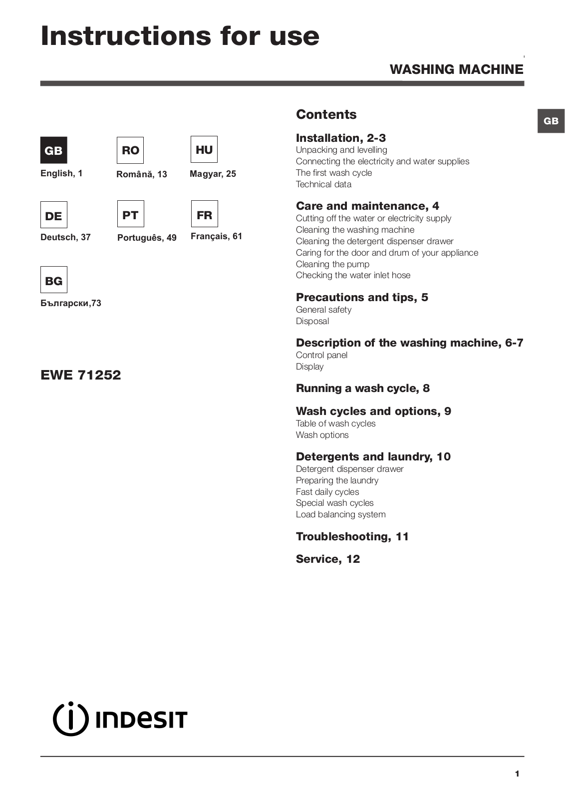 Indesit EWE 71252 W operation manual